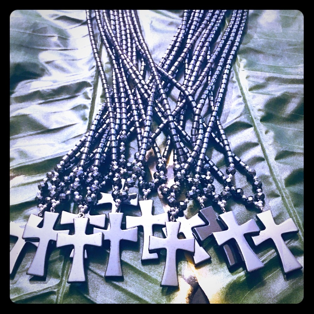 Hematite Cross Necklace- wo Trim